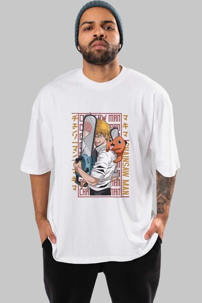 Ankhises Chainsaw DENJI Anime Tricou alb cu imprimeu supradimensionat Bărbați...