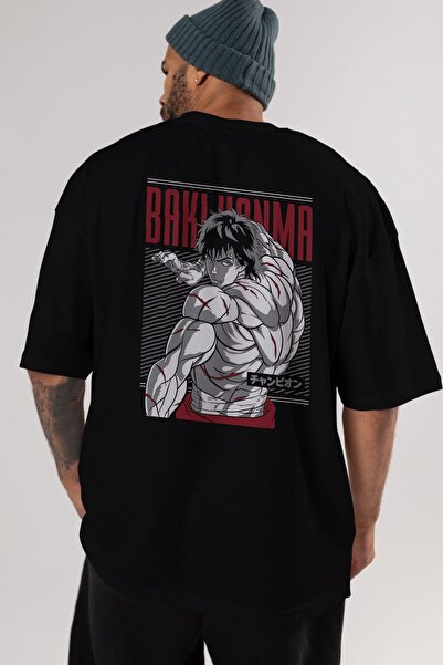 Ankhises BAKI HANMA Anime Arka Baskılı Siyah Oversize t-shirt Erkek Kadın