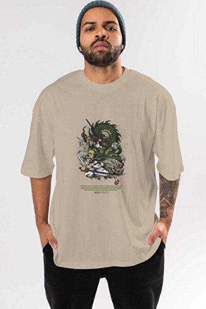 Ankhises Zoro-ONE PIECE Anime Prednja Štampano Bež Oversize kroj T-shirt Mušk...