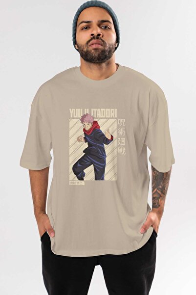 Ankhises Yuuji Itadori 1 Anime Front Štampano Bež Oversize kroj T-shirt Muška...
