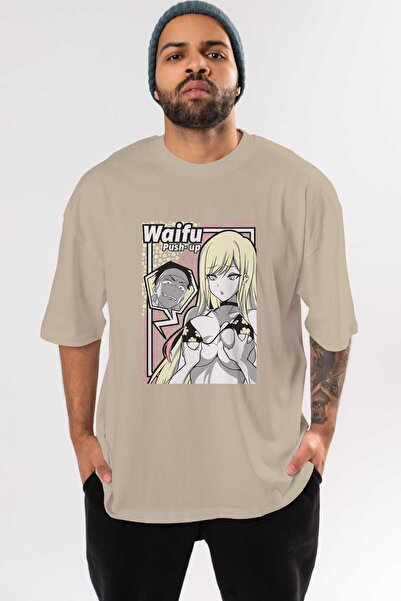 Ankhises Waifu PushUp Anime Front Štampano Bež Oversize kroj T-shirt Muškarci...