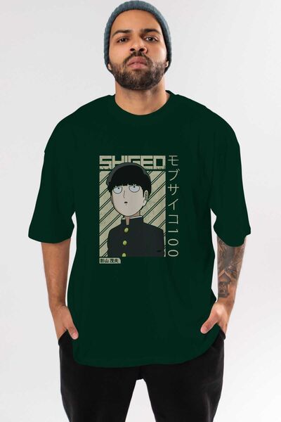 Ankhises Shigeo Kageyama 2 Anime Front Štampano Emerald Green Oversize kroj T...