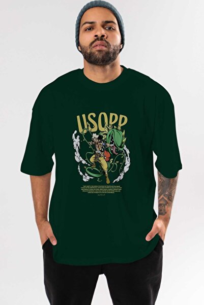 Ankhises Usopp Anime Front Štampano Emerald Green Oversize kroj T-shirt Muška...