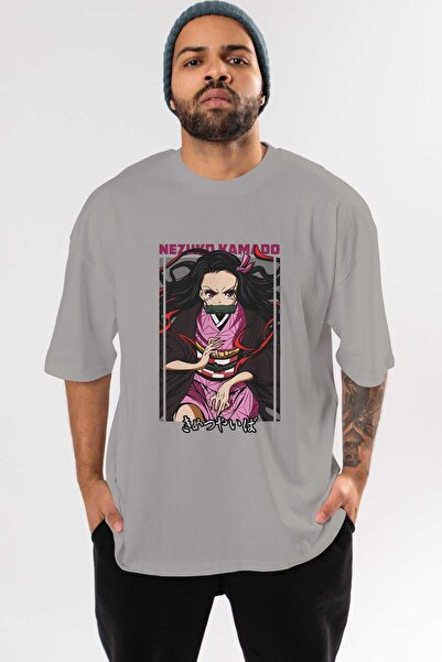 Ankhises Nezuko Kamado 1 Tricou supradimensionat gri cu imprimeu anime 100% b...