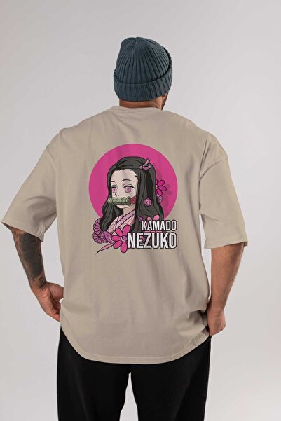 Ankhises Nezuko Kamado 2 Anime Leđa Štampano Bež Oversize kroj T-shirt 100% p...