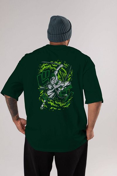 Ankhises ZORO-ONE PIECE (2) Tricou supradimensionat, bumbac, cu imprimeu pe spate, verde smarald, bărbați, femei