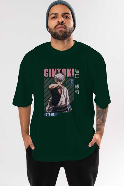 Ankhises Gintoki Sakata Anime Front Štampano Emerald Green Oversize kroj T-sh...