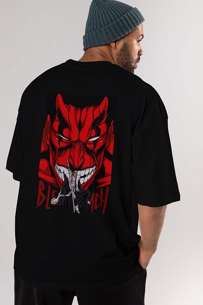 Ankhises Kenpachi Zaraki BLEACHAnime Tricou negru oversize cu imprimeu pe spate Bărbați Femei