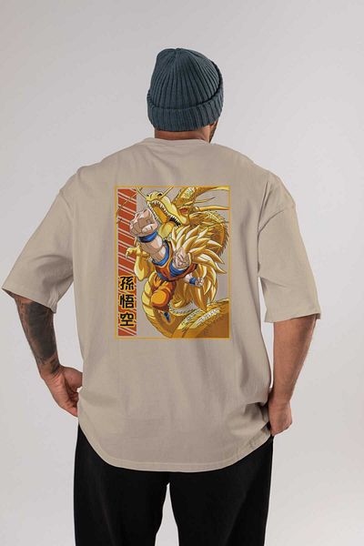 Ankhises DragonBall Goku Anime Imprimat pe spate Bej Tricou oversize 100% bumbac bărbați Femei
