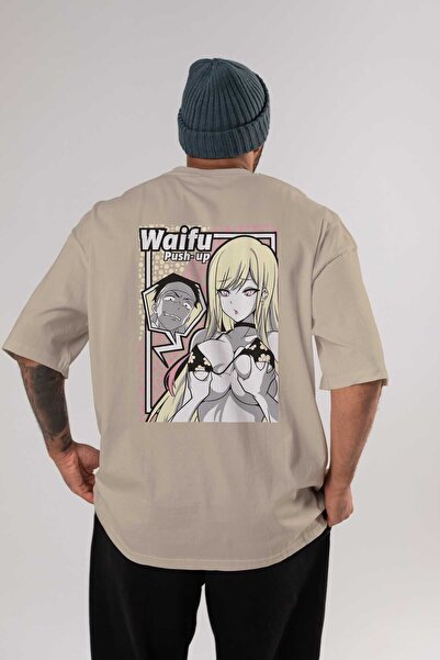 Ankhises Μπλουζάκι Waifu PushUp Anime Back Printed Beige Oversize 100% βαμβάκ...