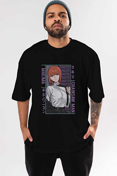 Ankhises Чоловічий жіночий чорний оверсайз-футболка - Makima Chain Saw Man An...