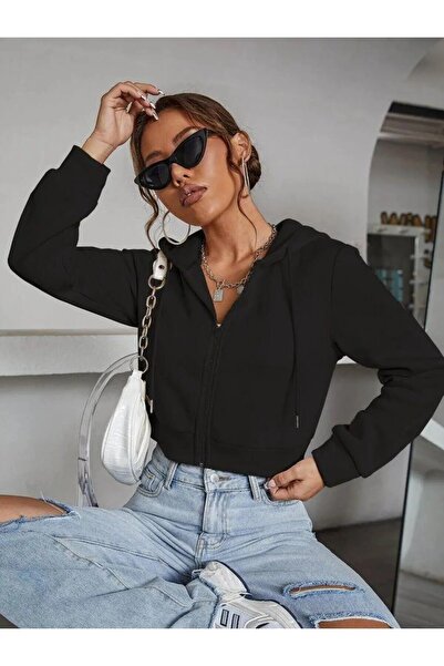 Genel Markalar Lusim Storekoleksiyon  Kadın Sweatshirt 3 Iplik Kapşonlu Crop Sweatshirt