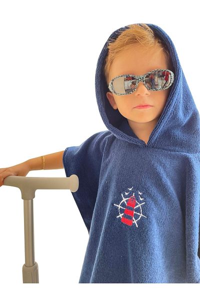 Miami Beach Children's Navy Blue Helm And Lighthouse Embroidered Fast Water Absorbing Hooded Bath Pool Beach Poncho Towel
