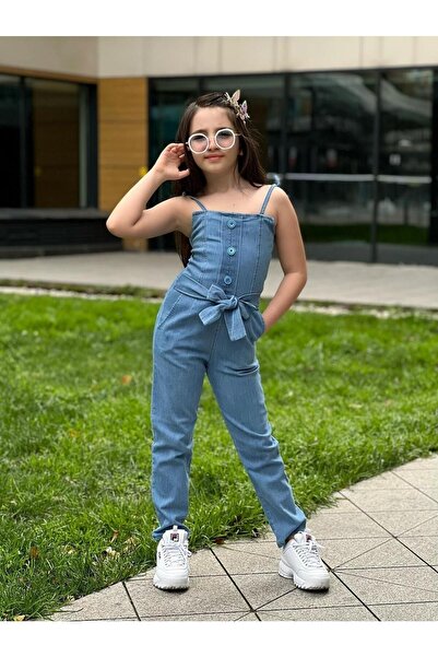 Starqızpaltarı Girls' Denim Overalls with Back Zipper Detail and Waist Belt