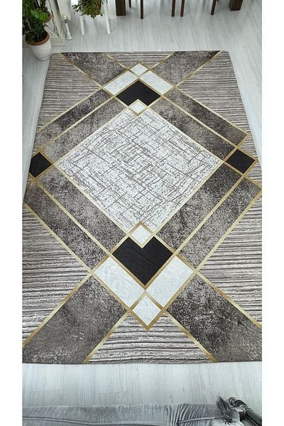 MEKA TEKSTİL Brown Gold Stripe Pattern Elastic Velvet Carpet Cover