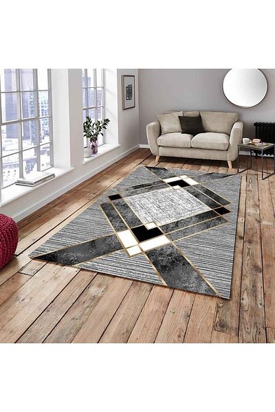 MEKA TEKSTİL Black Gray Gold Stripe Pattern Elastic Velvet Carpet Cover