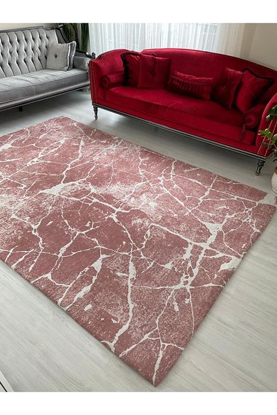 MEKA TEKSTİL Pink Marble Model Silk Velvet Elastic Carpet Cover