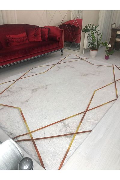 MEKA TEKSTİL White Gold Stripe Pattern Silk Velvet Elastic Carpet Cover