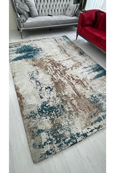 MEKA TEKSTİL New Pattern Jet Brown and Turquoise Model Velvet Carpet Cover