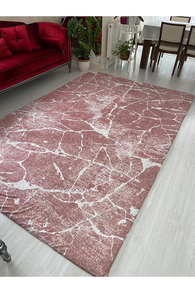 MEKA TEKSTİL Pink Marble Model Silk Velvet Elastic Carpet Cover