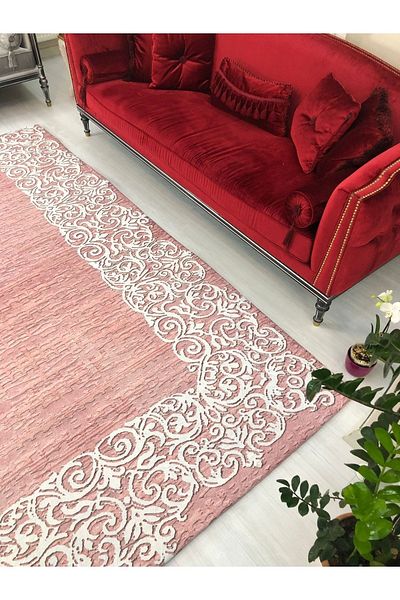 MEKA TEKSTİL Suyolu Pink Model Elastic Velvet Carpet Cover