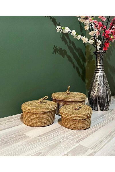 ModaCardin Set de 3 coșuri din iută din răchită - cu capac organizator, multi...