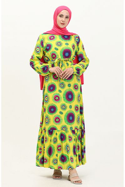 sefamerve Yellow Viscose Patterned Belted Dress - 0076-04
