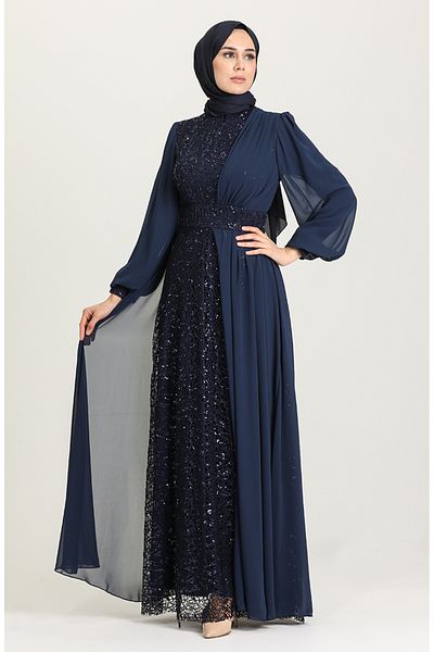 sefamerve Navy Blue Sequined Evening Dress - 5408-03