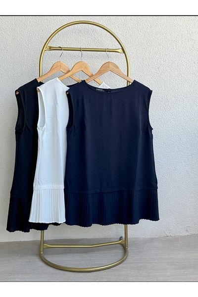 LOCCO Navy Blue Cotton Pleated Sleeveless Women's Tunic