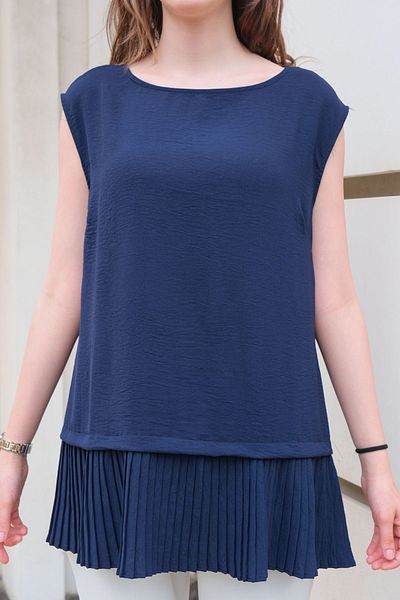 LOCCO Navy Blue Cotton Pleated Sleeveless Women's Tunic