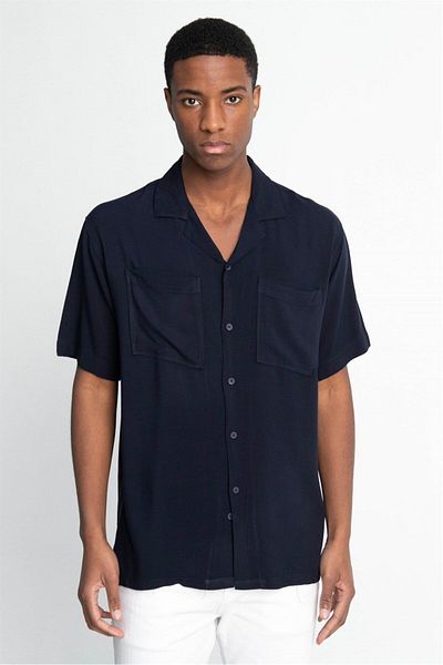 Tudors Relaxed Cut Viscose Apache Collar - κοντομάνικο μπλε ναυτικό αθλητικό πουκάμισο
