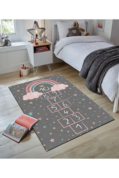 PINKIE HOME Gray Rainbow - Digital Printed, Non-Slip Based and Washable Patterned Children's Room Carpet-3