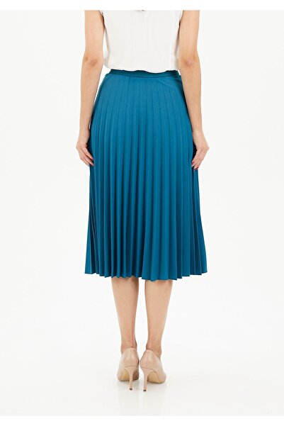 G-Line Petrol Mavisi Midi Boy Beli Lastikli Yüksek Bel Plise Etek