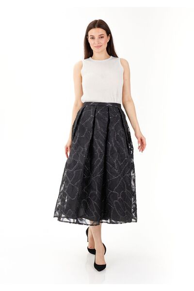 Guzella Glitter Patterned - Organza Black Lined Midi Pleated Skirt