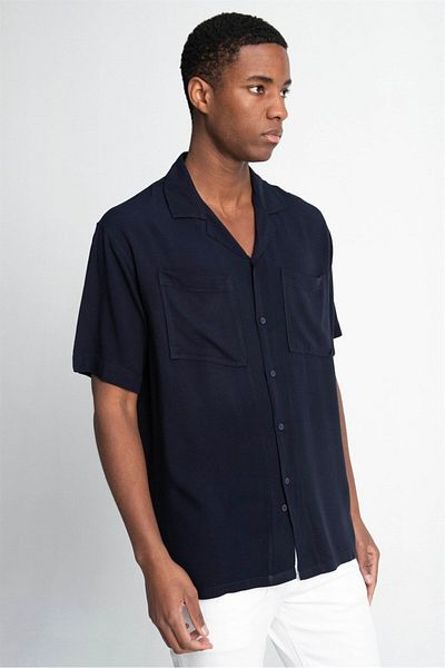 Tudors Relaxed Cut Viscose Apache Collar - κοντομάνικο μπλε ναυτικό αθλητικό πουκάμισο