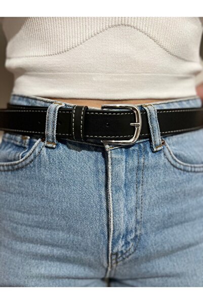 Eksibir Dikiş Detaylı Siyah Kemer Kadın Kemeri Pantolon Kemeri Elbise Kemeri