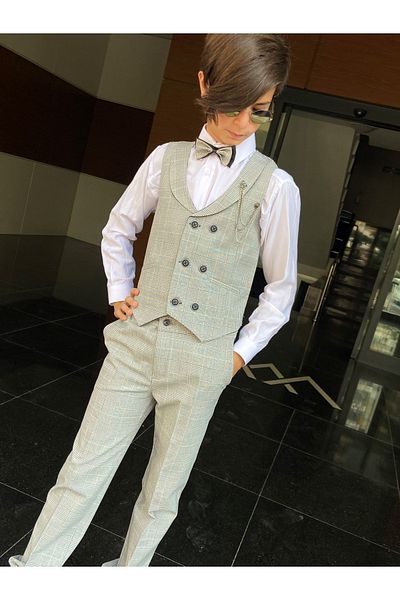 WENA KİDS Children's Vest Suit Shirt Set Suit Plaid Gray