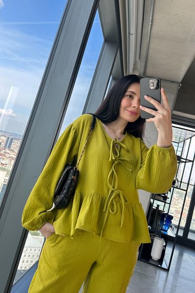 My Blog Oil Green Muslin Shirt and Trousers Set - Front Tie