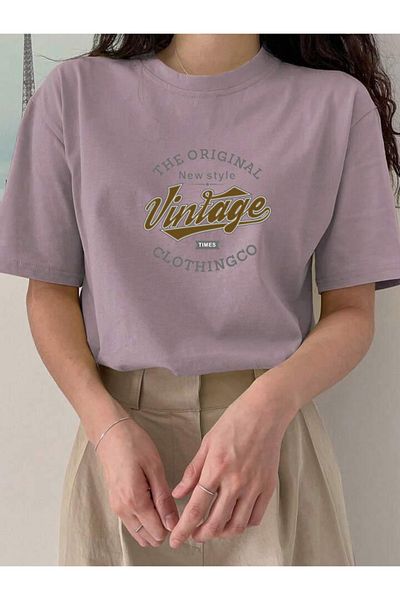 FAVORİST Βαμβακερό Vintage εμπριμέ μπλουζάκι Oversize