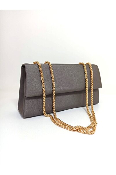 dizaynbag Γυναικεία τσάντα με λουράκι από πλατίνα σατέν χρυσή αλυσίδα