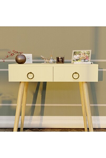 Ünüvar Konsept Ahşap Ayaklı Çift Çekmeceli Modern Dresuar Krem - Meşe Ayak