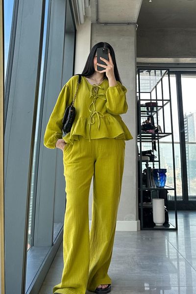 My Blog Oil Green Muslin Shirt and Trousers Set - Front Tie