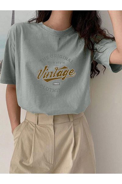 FAVORİST Βαμβακερό Vintage εμπριμέ μπλουζάκι Oversize