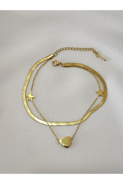 Aylish Bijuteri Italian Chain Detailed Gold Star and Heart Patterned Steel Anklet