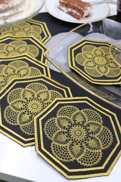 vipceyiz Șervețel octogonal negru cu model geometric, 6 piese - Prezentare la...