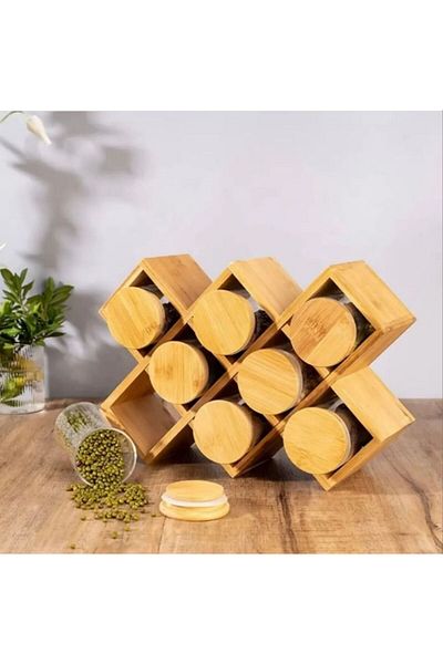 CAM 8-Piece Borosilicat Glass Bamboo Spice Round Bamboo Stand