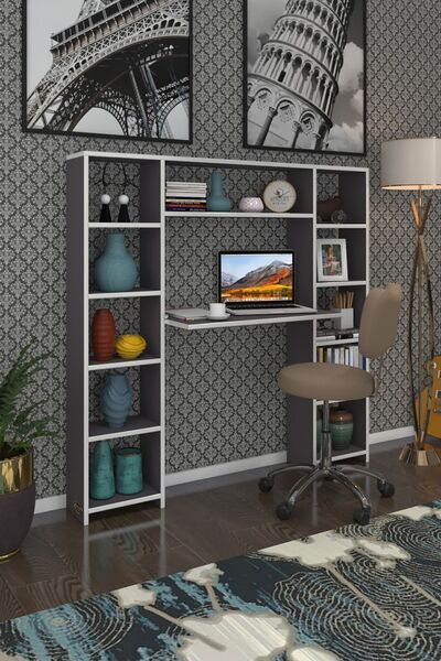 Kenzlife Bilgisayar Çalışma Masası Senna Gri 140*130*20 Kitaplıklı Ofis Sekre...