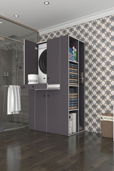 Kenzlife Çamaşır-Kurutma Makinesi Dolabı Biruni Gri 187*110*60 Çekmeceli Rafl...