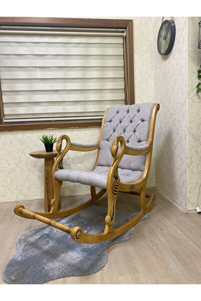Asedia Vintage Kuğu Naturel Taş Rengi El Oyması Ahşap Sallanan Sandalye Dinle...