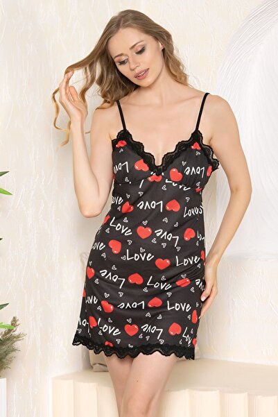 MyBen Γυναικείο Μίνι νυχτικό με λουράκι με δαντέλα με εμπριμέ κορδόνι G-50002